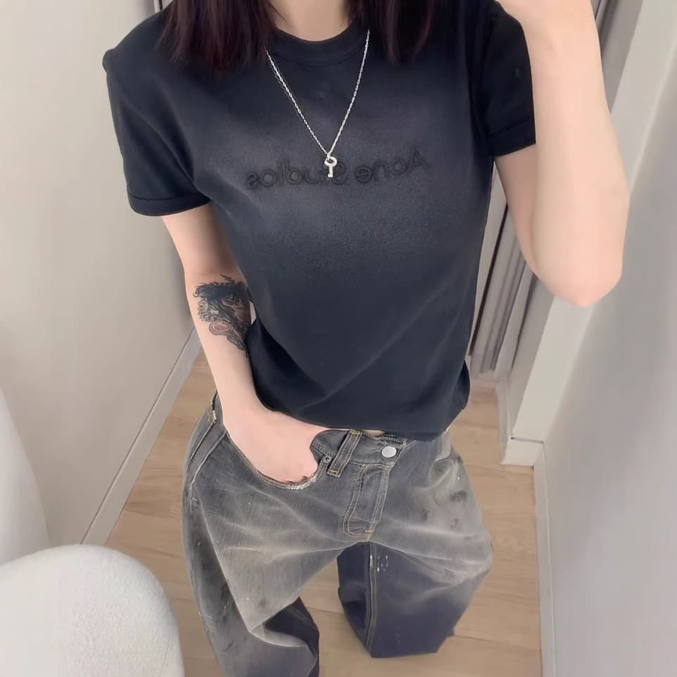 AC Vintage Wash Logo Print Crew Neck Cotton T-Shirt (Correct Version) Letter Short Sleeve