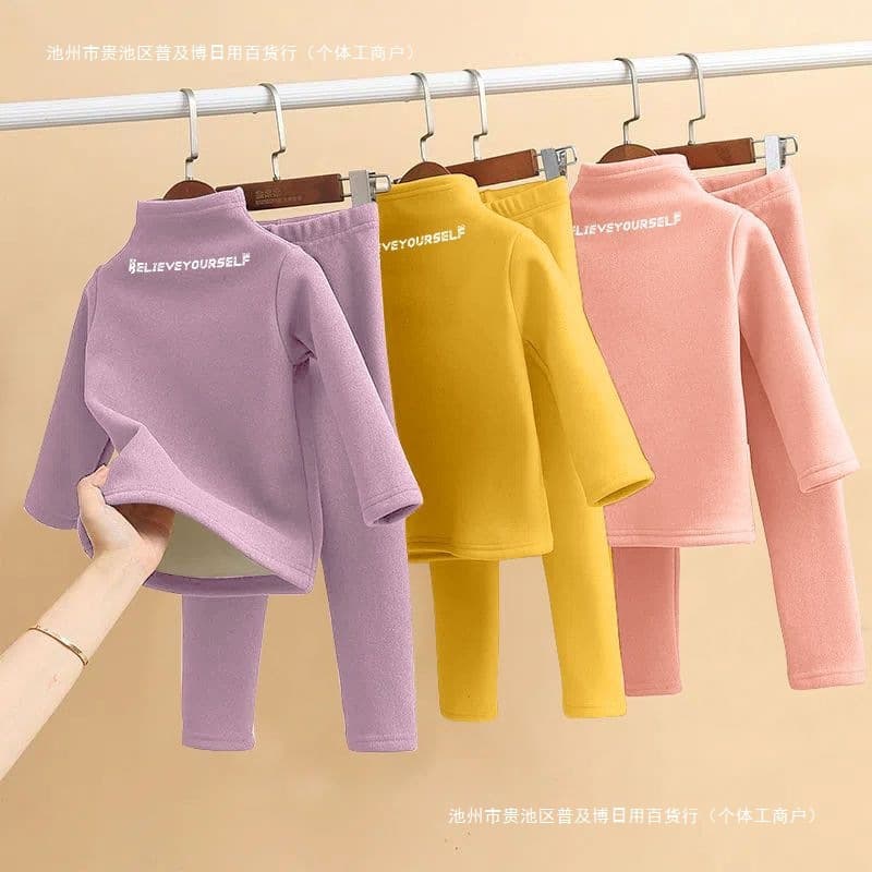 Children's Double-Sided Velvet Thermal Underwear Set, Winter Boys' and Girls' Pajamas, Thickened, Half-High Neck Baby Autumn Clothes and Trousers