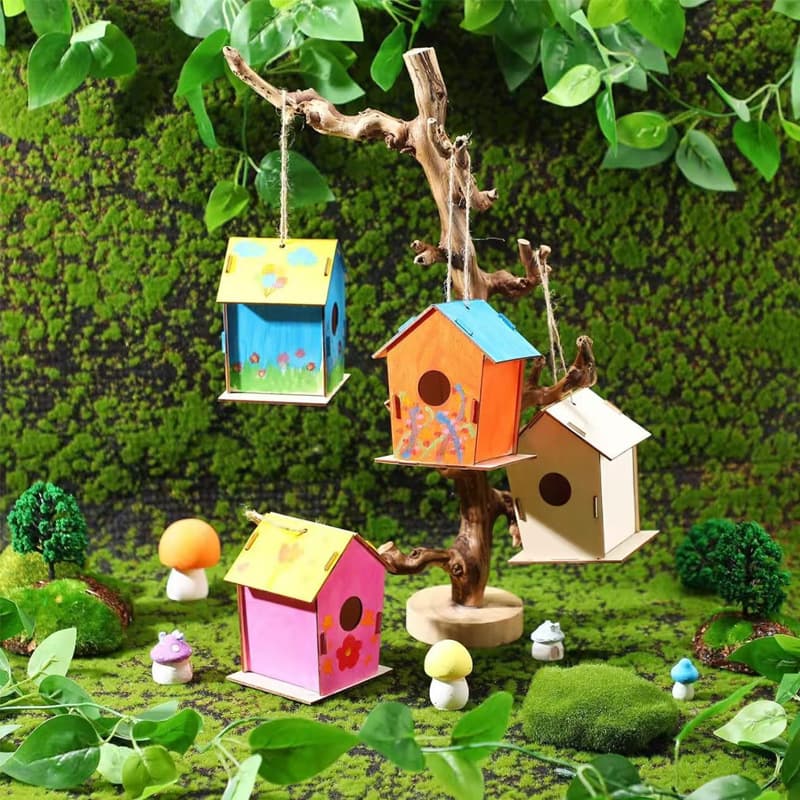 Cross-border Wooden DIY Toy Children's Classroom Creative Graffiti Painting Birdhouse Wooden Hand-assembled Bird Nest Set