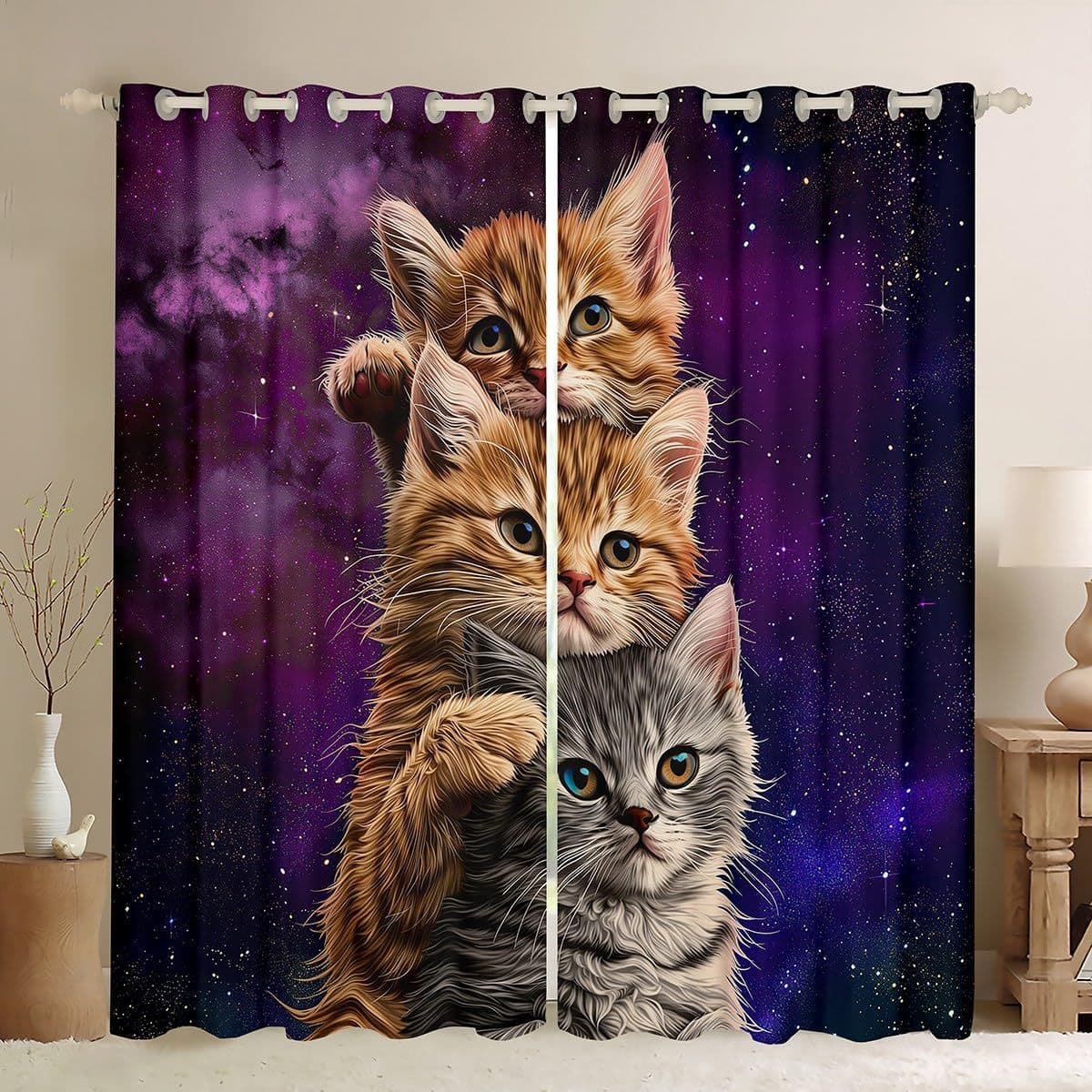 Cross-border Cute Orange Gray Cat Psychedelic Universe Starry Sky Theme Digital Print Curtain Bedroom Living Room Factory Wholesale