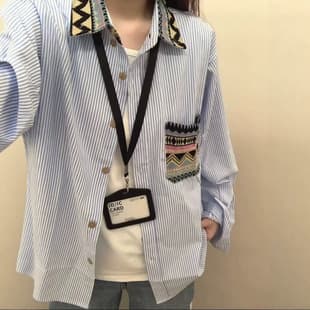 Spring Summer Lazy Blue Striped Plus Size Shirt for Women Design Ethnic Style Layered Sun Protection Long Sleeve Blouse Top Autumn