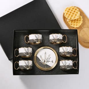 European Electroplated Ceramic Coffee Cup and Saucer Set Export Coffee Cup Cross-Border Gift Middle East Ceramic 6 Cups 6 Saucers