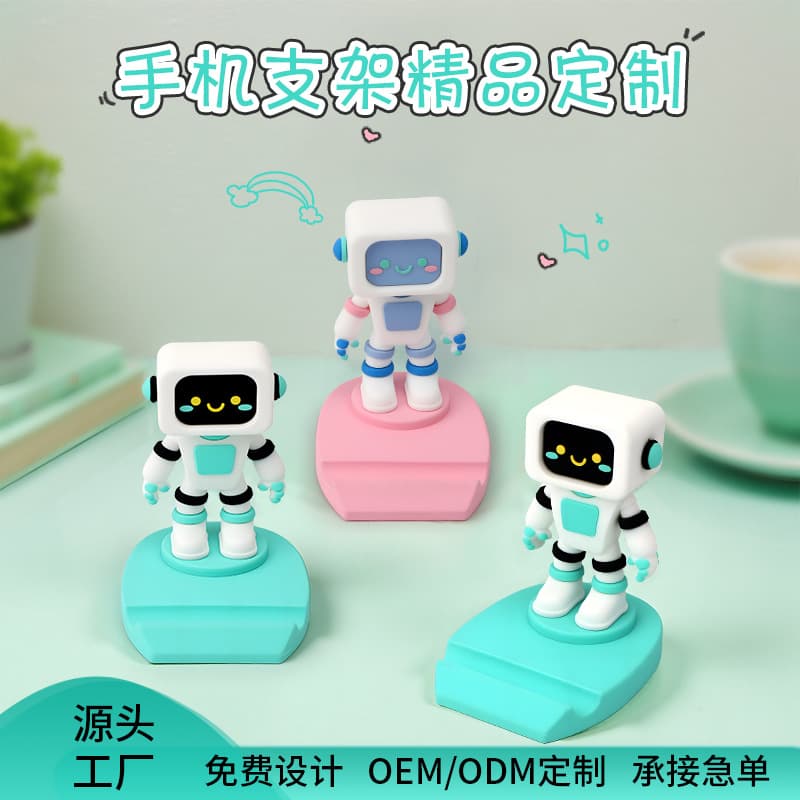 Custom Mold Robot Phone Stand with Logo, Corporate IP Character PVC Soft Rubber 3D Figurine Souvenir