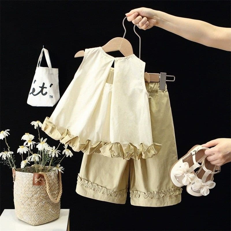 Girls Summer Suit 2026 New Baby Korean Style Loose Cotton Vest Top 9 Points Wide Leg Pants Two-piece Set