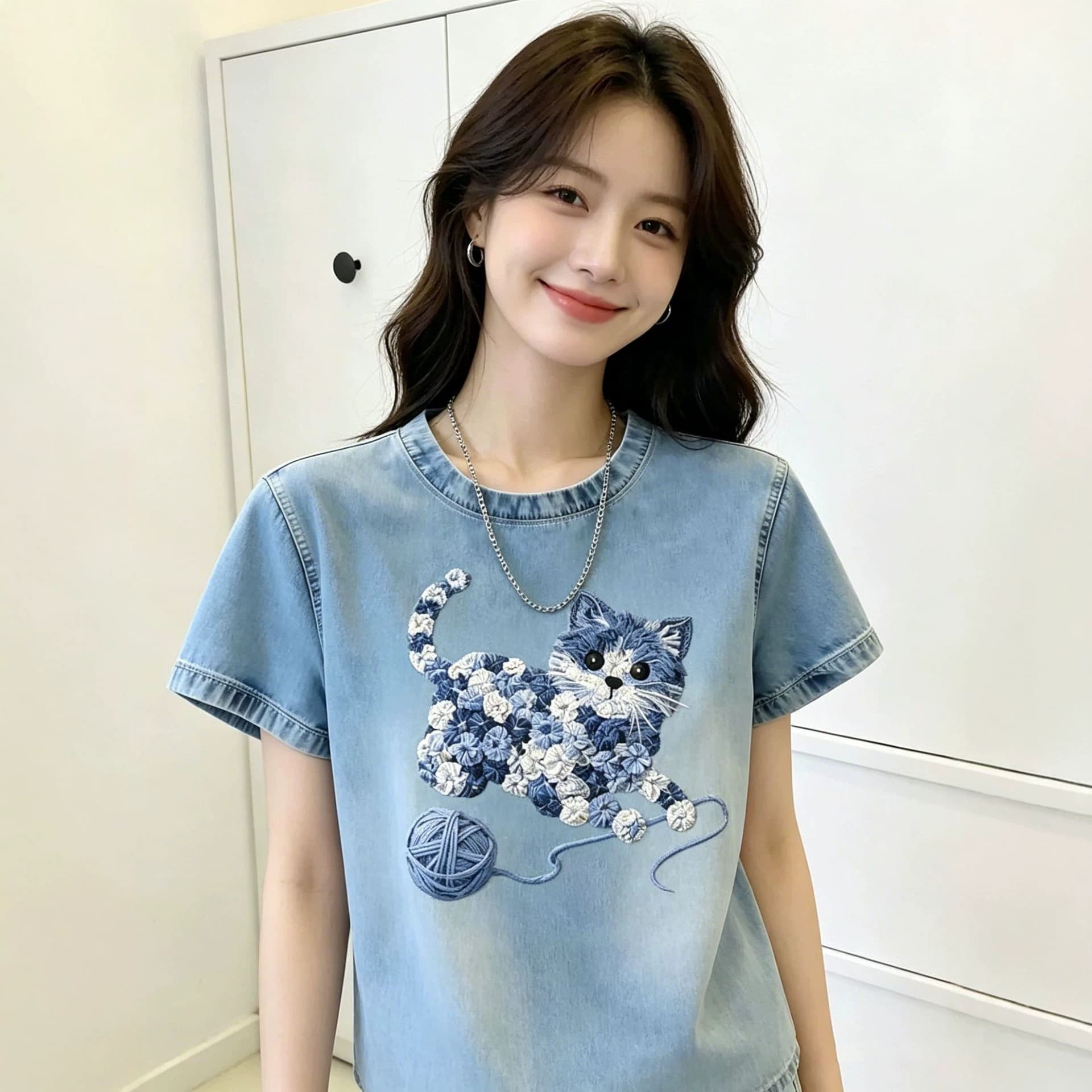 Cross-border Exclusive Summer New Women's Fashion Casual Cute Cat Pom-pom and Gradient Denim Print Short Sleeve T-Shirt