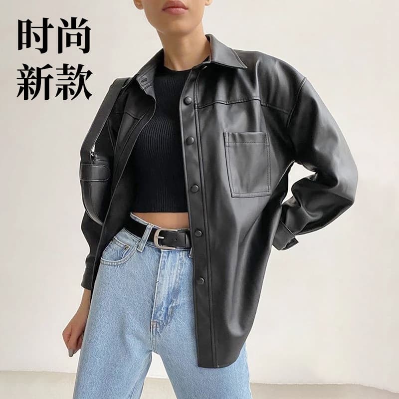 New Leather Trench Coat European and American Style Motorcycle Jacket for Women Autumn Outerwear Black Faux Leather Lapel Coat
