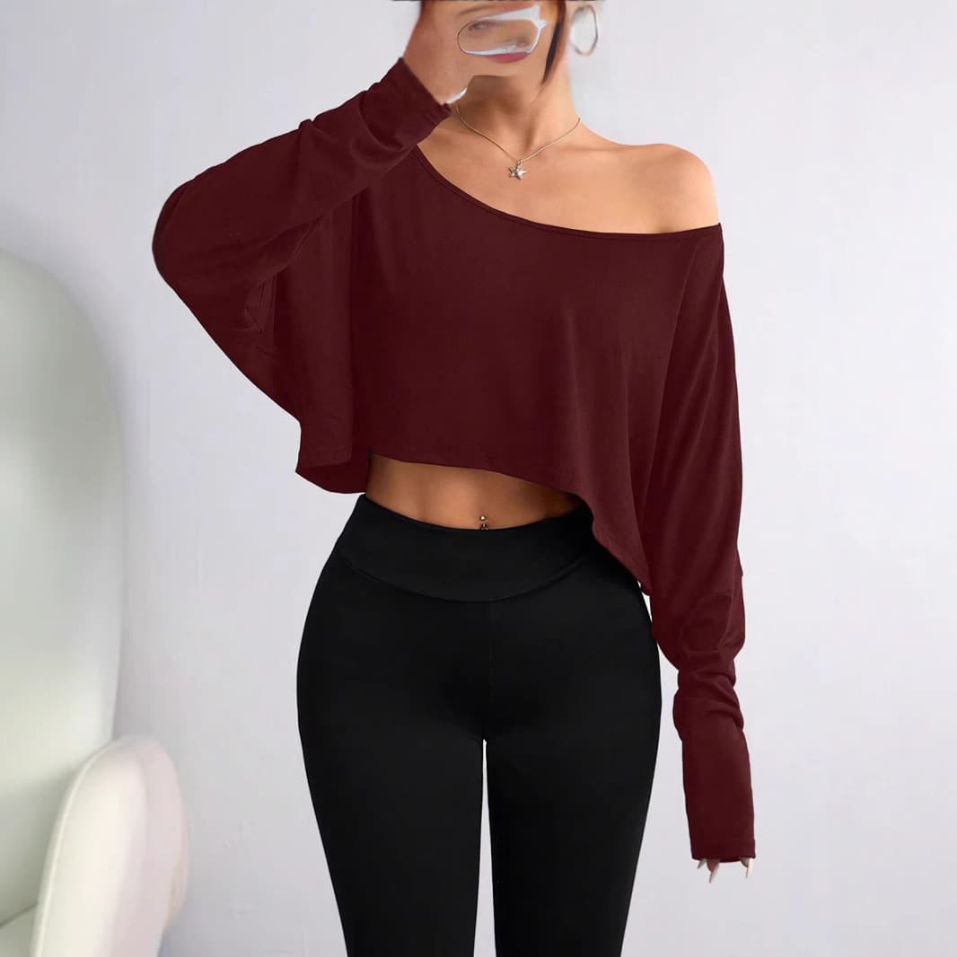 New Women's Fashion Off-Shoulder Loose Fit Basic T-Shirt for Cross-Border Trade, Trendy Crop Top with Solid Color Long Sleeves