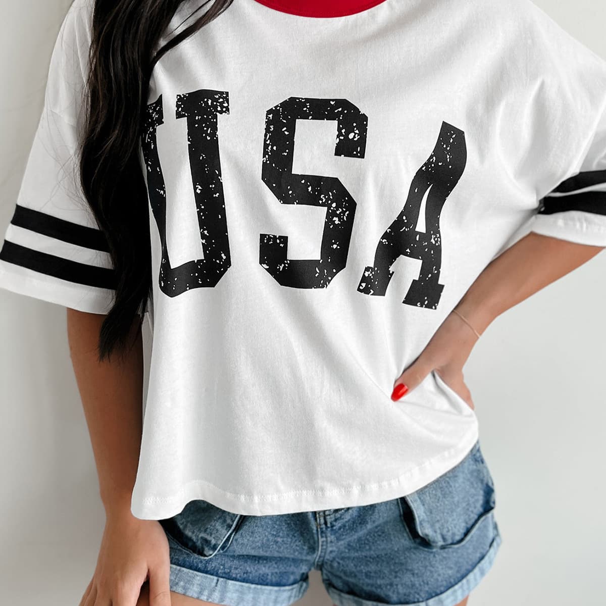 Fashionable T-shirt for women cross-border USA letter pattern Independence Day casual loose US size sports style loose top for women