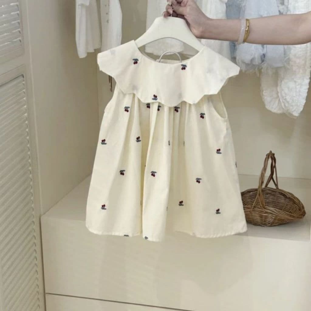 Girls Summer Beige Embroidered Cherry Dress Baby Doll Collar Vest Dress A-Line Loose Fashion Dress