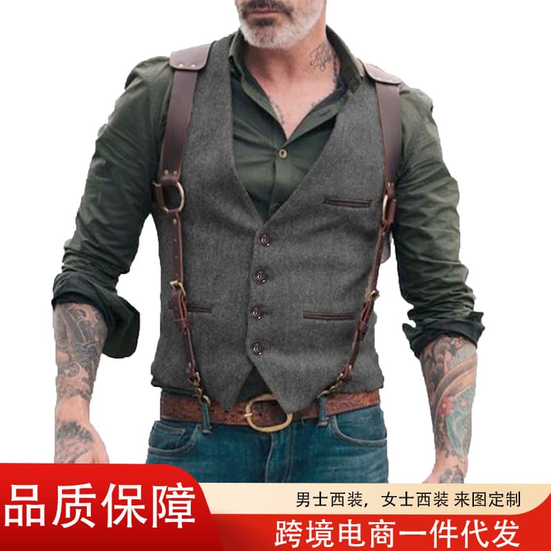 Men's Casual V-Neck Fashionable Checkered Vest Multi-Pocket Trendy Waistcoat Comfortable Polyester Fiber Leisure Business Vest