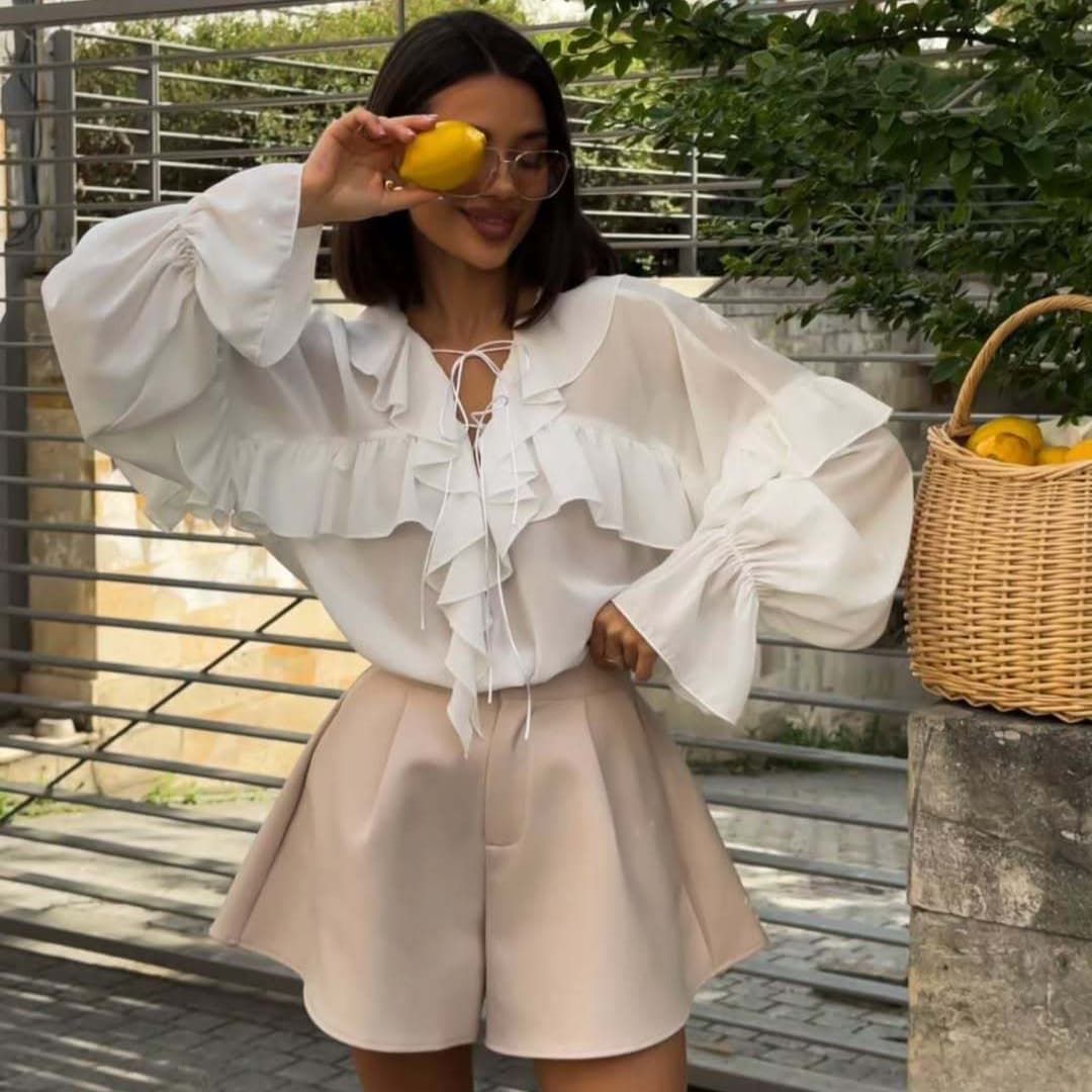 2026 Spring/Summer New Flowing Ruffle Top Cross-border European and American Women's Fashion French Flared Sleeve V-Neck Blouse