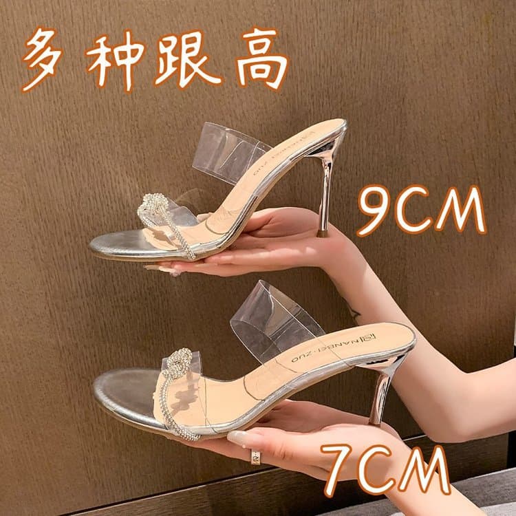 High Heel Sandals for Women Summer 2024 Thin Heel Low Heel Crystal Thin Strap Korean Rhinestone Slippers Outdoor Wear 7cm Wholesale