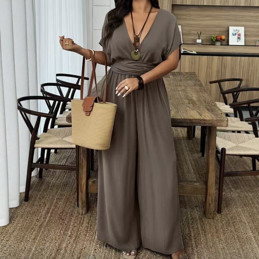European-American Style Plus Size Women's V-Neck Waist-Cinching Wide-Leg Jumpsuit Casual One-Piece Wholesale Plus Size Premium Feel