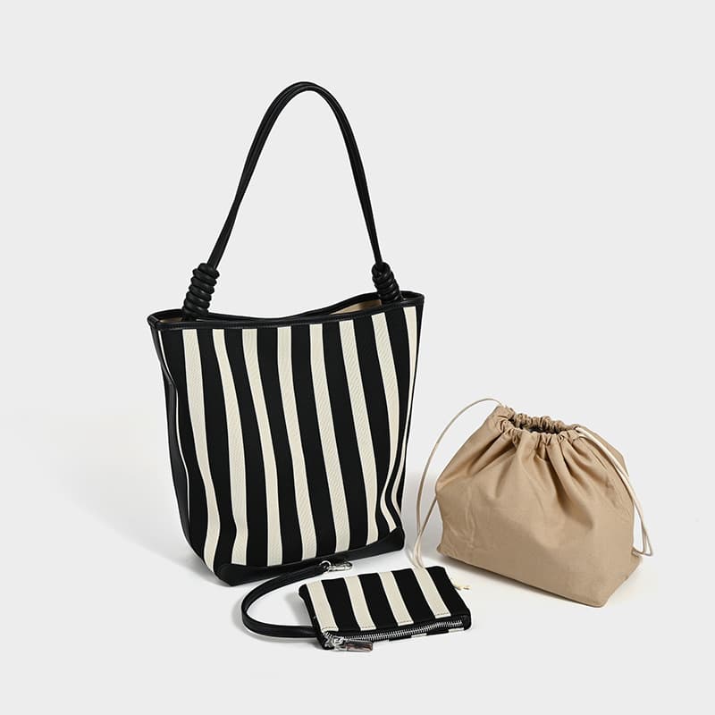 High-End Feel Black And White Stripe Bucket Bag Large Capacity Elastic Weaving Mother-Child Bag New Commuting Handbag For Women