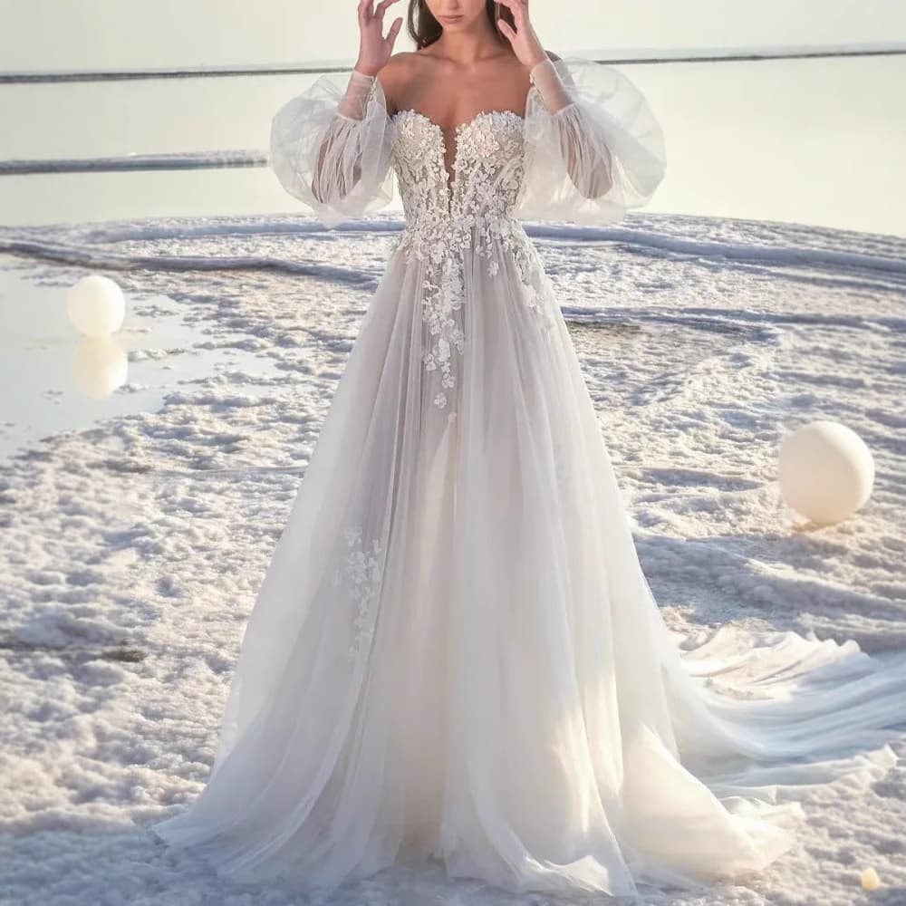 Foreign trade 2026 new long-sleeved model slimming lace small tail mesh see-through large backless wedding dress travel photo gauze