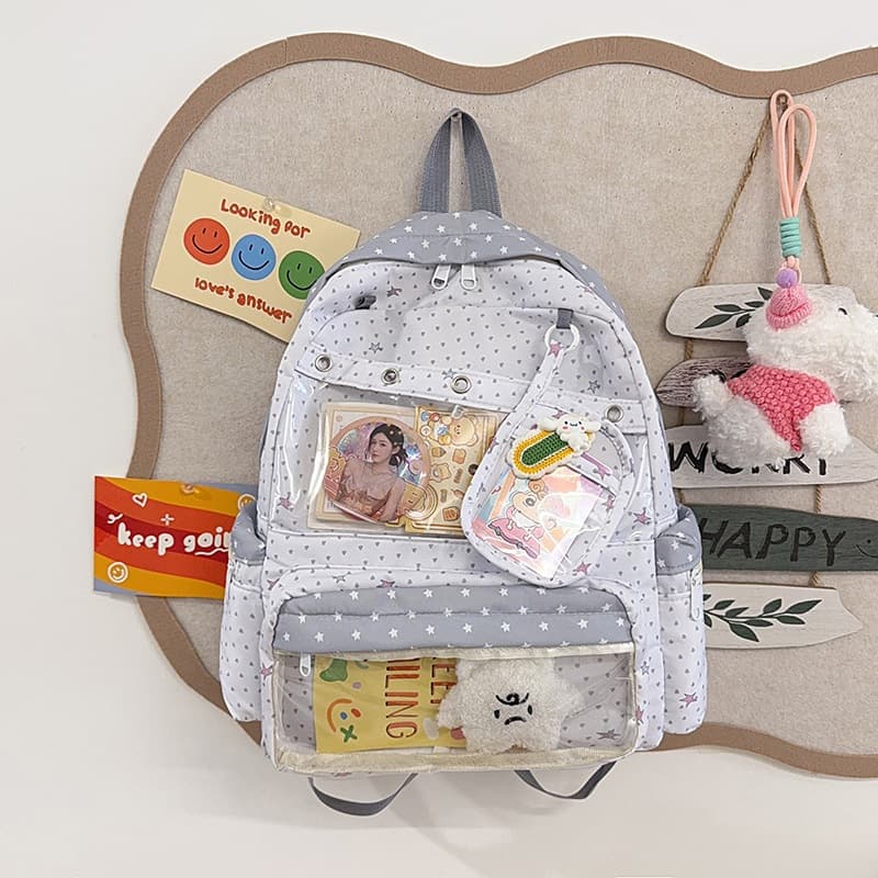 Polka Dot Junior High School Backpack for Girls, Large Capacity 2D Transparent Badge Bag, Cute Backpack School Bag