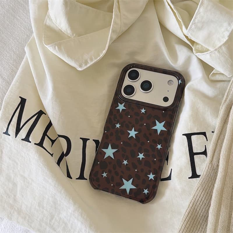 Brown Leopard Print Blue Stars 17 Pro Max Phone Case Compatible with 16 Pro Max 15 Pro Double Layer Print 14 Pro 13