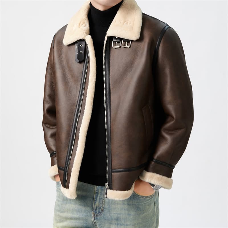 Fur one-piece men's jacket autumn and winter trendy brand handsome motorcycle flight suit short lamb fur pu leather jacket men's clothing