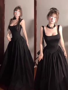 French Tea Dress Strappy Dress Women Summer 2026 New Elegant Waist-Slimming Black Long Dress
