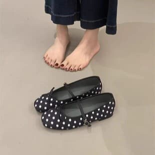Polka Dot Bow Shallow Mouth Flats Women Round Toe Spring Summer Sweet Buckle Mary Jane Shoes Grandma Shoes