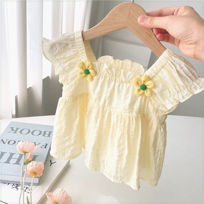 Korean Girl's Doll Shirt Fashionable Loose Baby Stylish Top Children's Short-sleeved Yellow Flower Doll Shirt Top