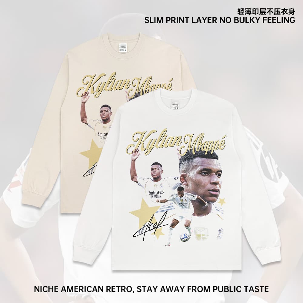 New American Mbappe Vintage T-Shirt Gold Font Signature Print Heavyweight Cotton Casual Short Sleeve Street T-Shirt