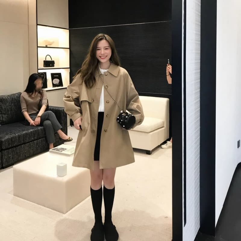 Spring Autumn Mid-Long Academic Style No Loose Threads Trench Coat Petite Coat Trendy Brand Elegant Top