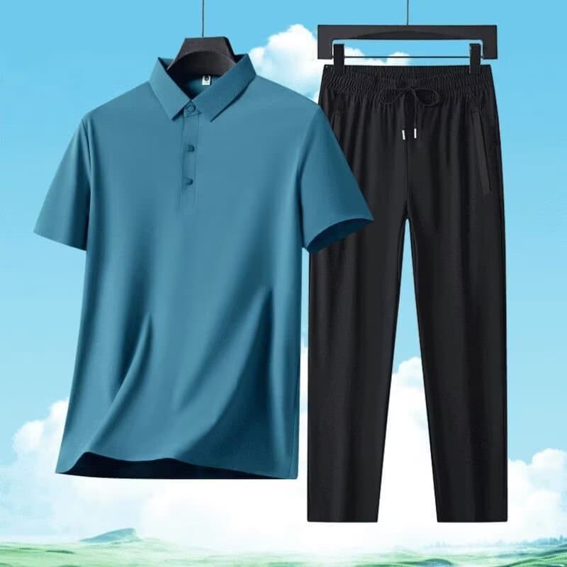 2026 Solid Color Cool Short Sleeve T-Shirt Polo Shirt Set Men's Summer Business Casual Breathable Skin-Friendly Two-Piece Set