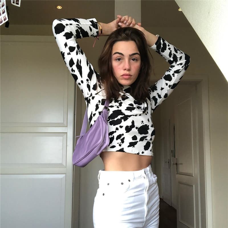 New Cross-Border Europe and America Stretch Cow Print Black and White Contrast Half High Neck Long Sleeve T-Shirt Women's Fitted Crop Top