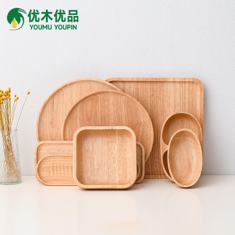 Hotel Style Rubber Wood Serving Tray for Home Use BBQ Dinner Salad Dessert Tea Water Plate Large Size Western Style Platter