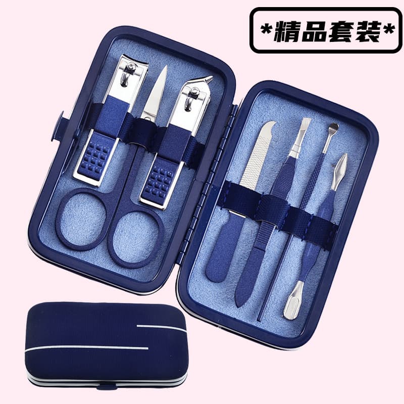 Cross-border nail clipper set blue stainless steel 7-piece set ready for delivery customized manicure and manicure tools nail scissors