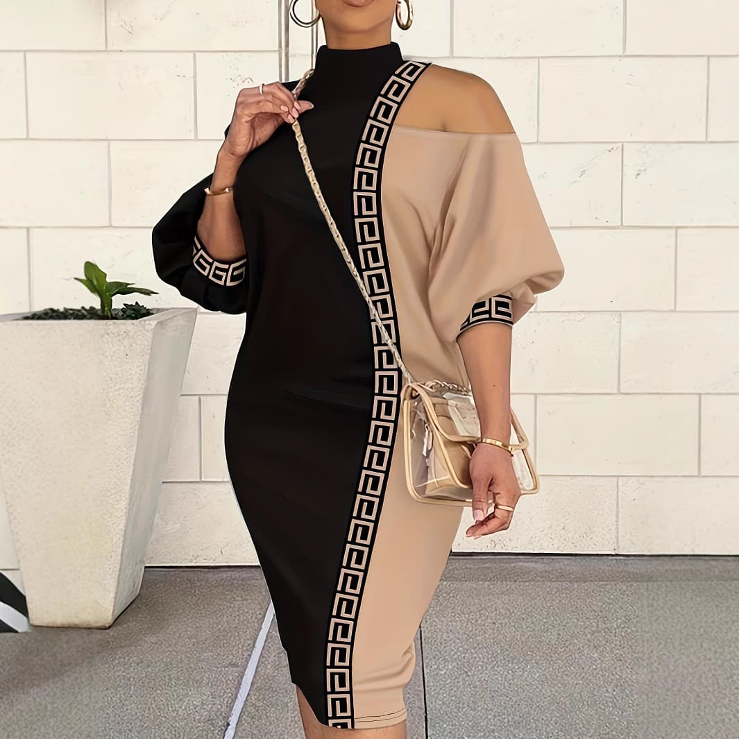 Elegant New European and American Women's Fashion Plus Size Long Sleeve Dress with Off-Shoulder Design