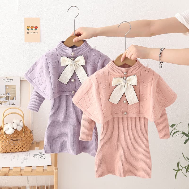 Dropshipping Solid Color Girls Sweater Cape Bow Skirt Set 2026 New Korean Style Children's Sweater Autumn Winter