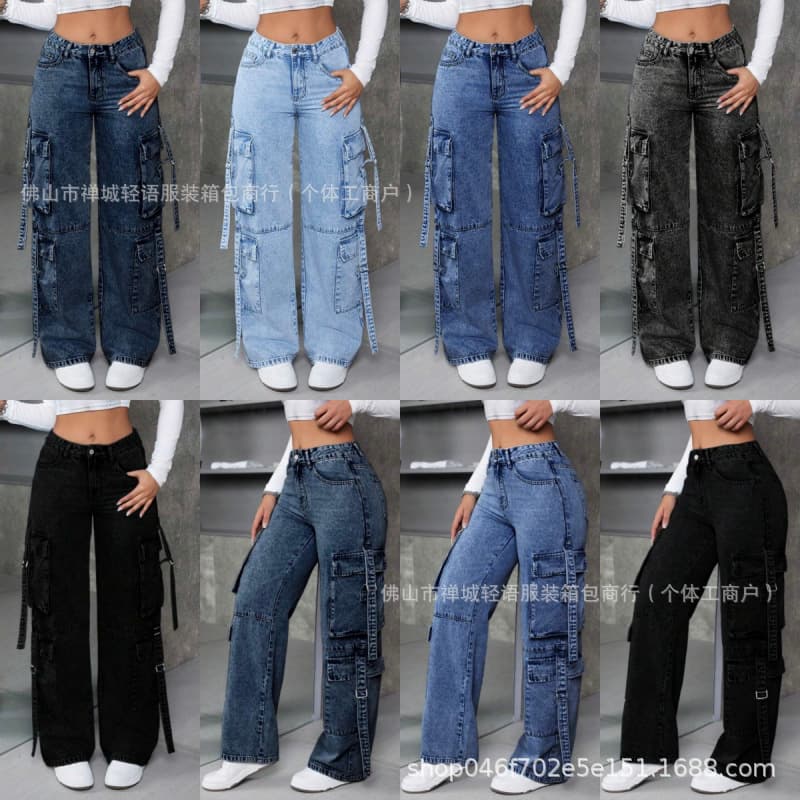 Women's cargo jeans cross-border foreign trade hot girl trousers straight multi-pocket denim overalls for women ins