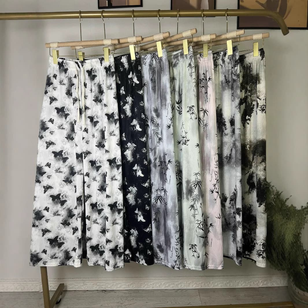 New Silk Ribbed Wide Leg Pants Summer Thin Sunscreen Pants Ink Tie-Dye Wide Leg Pants Chinese Style Fairy Cool Pants