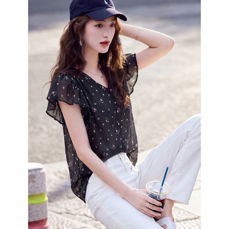 Elegant Casual Slimming Top, Summer 2026 Fashionable Floral Short-Sleeve Pullover Blouse