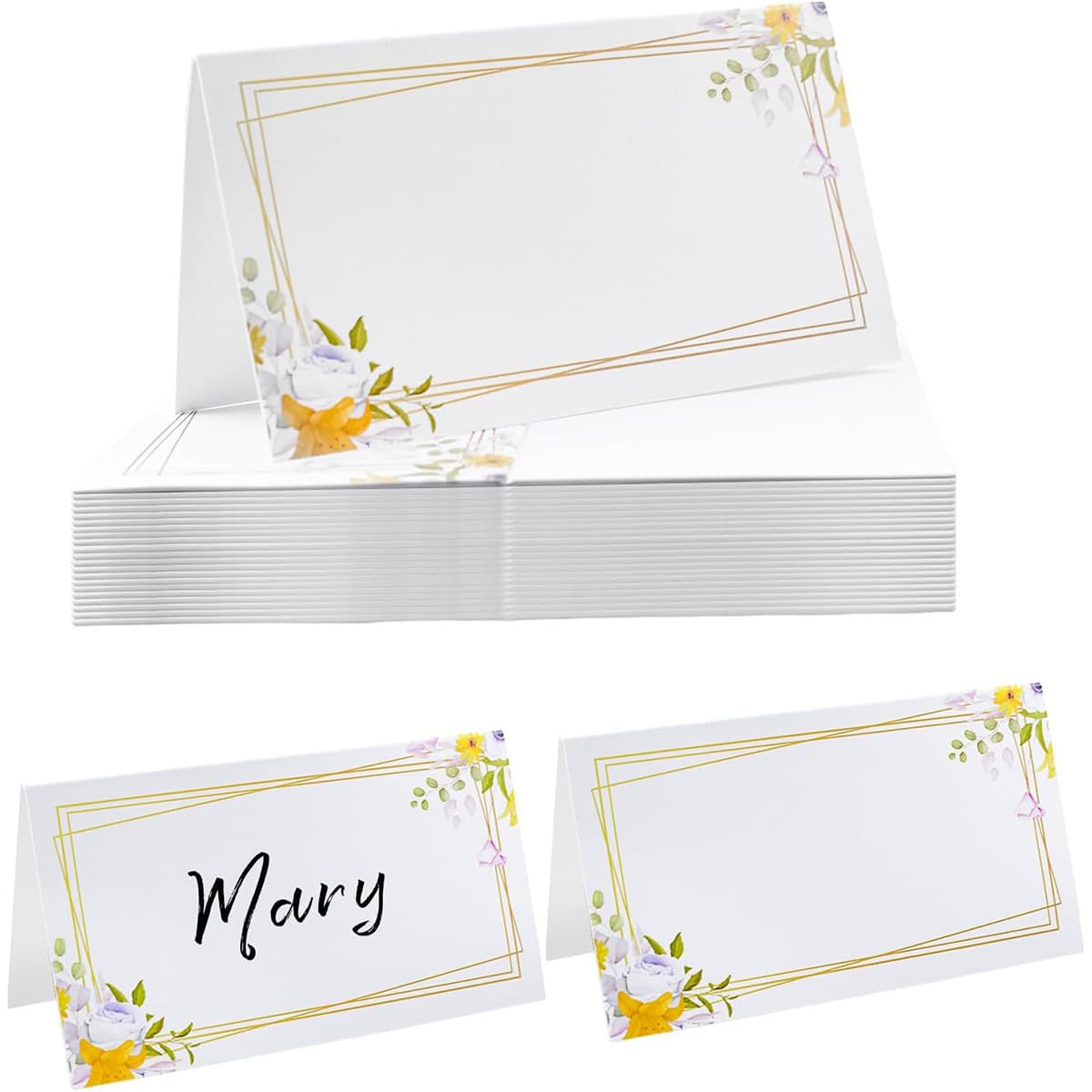 Spring yellow and purple flower gold-edged seat card Wedding banquet handwritten table card Guest name guide card seat card