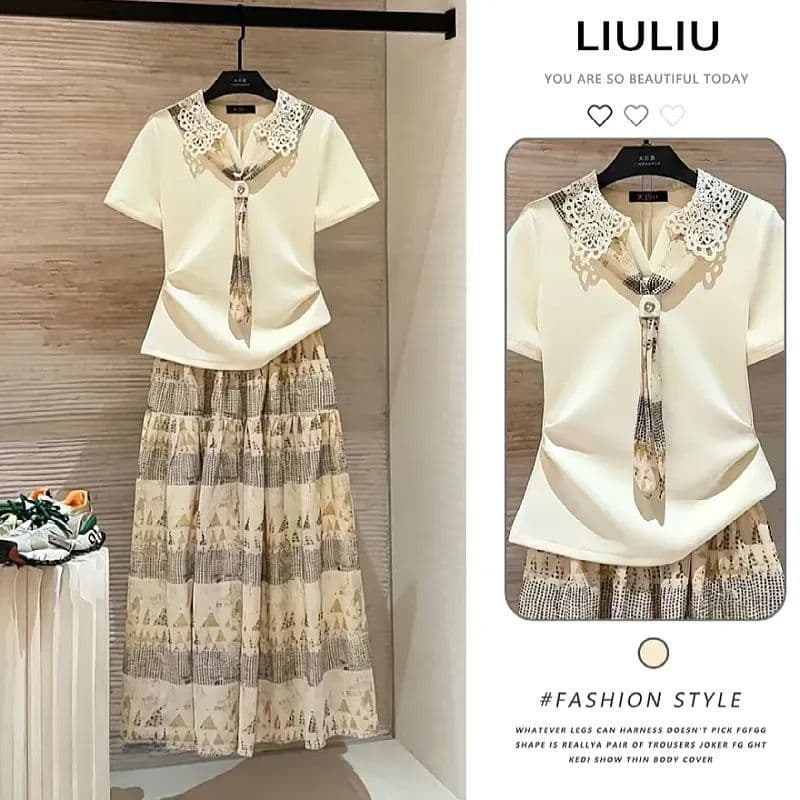 A complete set of fashionable and casual wear for women 2026 new summer silk scarf short-sleeved top and skirt two-piece age-reducing set