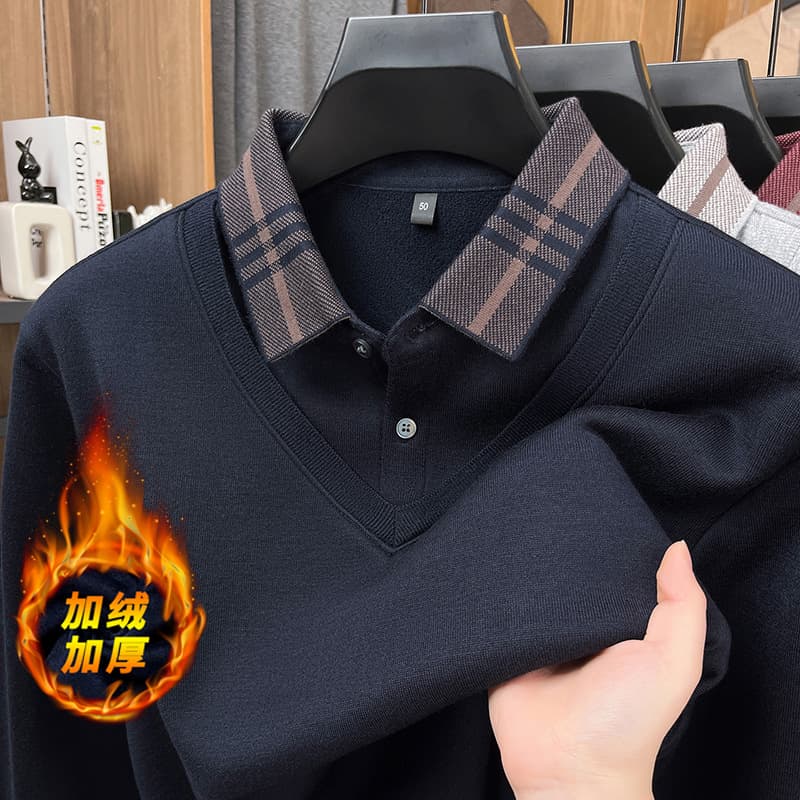 Dad's winter fleece-lined, thickened, faux two-piece men's casual shirt collar warm knit base sweater