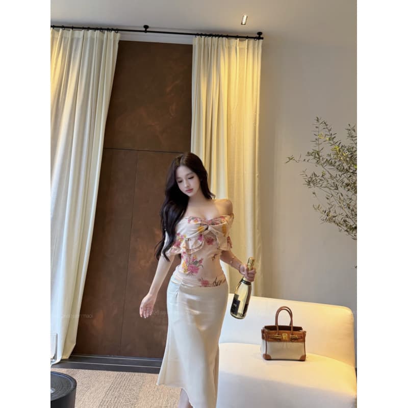 Pure and Elegant Ruffle One-Shoulder 3D Print Top + High-Drape Pencil Skirt Set for Women