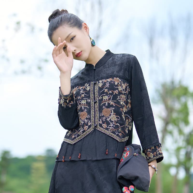 Spring/Autumn New Literary Temperament Plus Size Fake Two-Piece Brocade Heavy Work Embroidery Bead Jacket Versatile Cardigan Outerwear