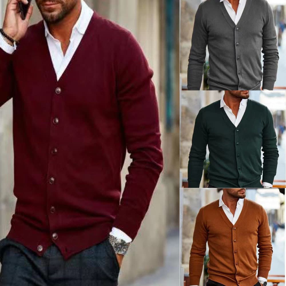 In Stock 2021 Cross-Border Wholesale Autumn/Winter New Men's Fashion Solid V-Neck Cardigan Knit Sweater