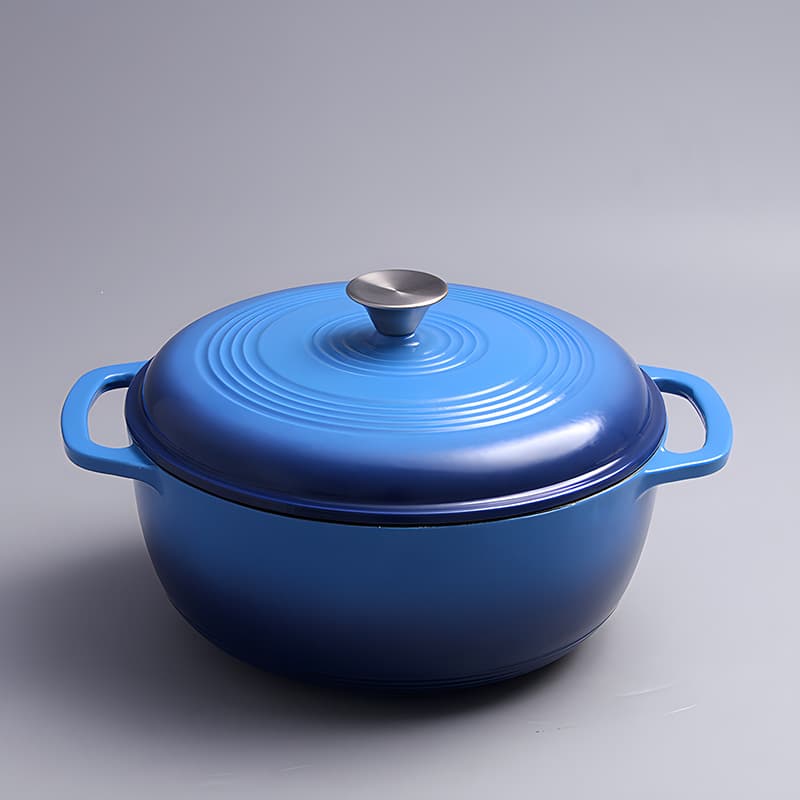 Cast Iron Enamel Pot Deep Dutch Oven Blue Red Stew Pot with Thread Pattern Flat Bottom Bread Pot