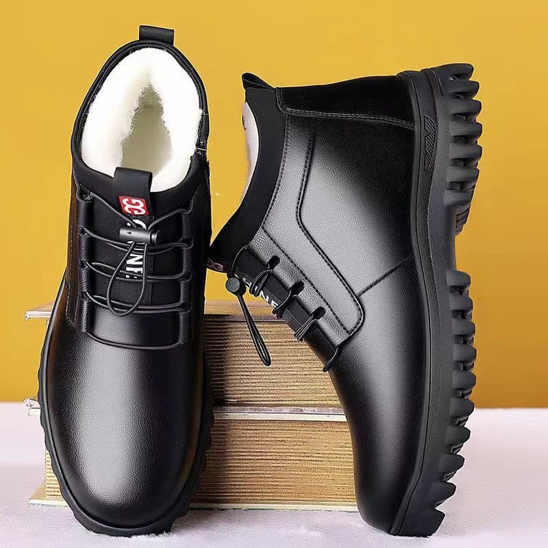 Men's winter warm fleece-lined high-waisted leather shoes, thickened snow boots, men's PU leather business cotton leather shoes