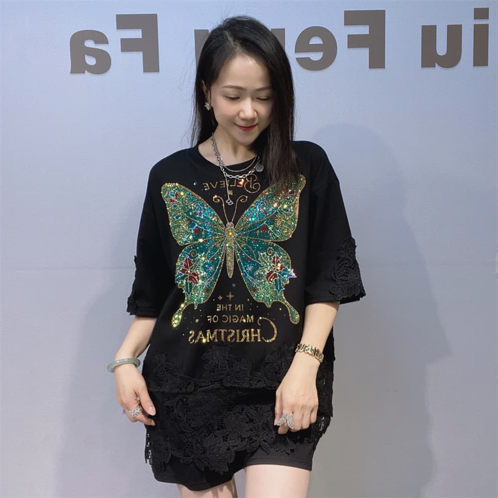 Trendy Lace Spliced Short Sleeve Top Women Summer New Mid-Length Heavy Beading Rhinestone Loose Slimming Half Sleeve Top