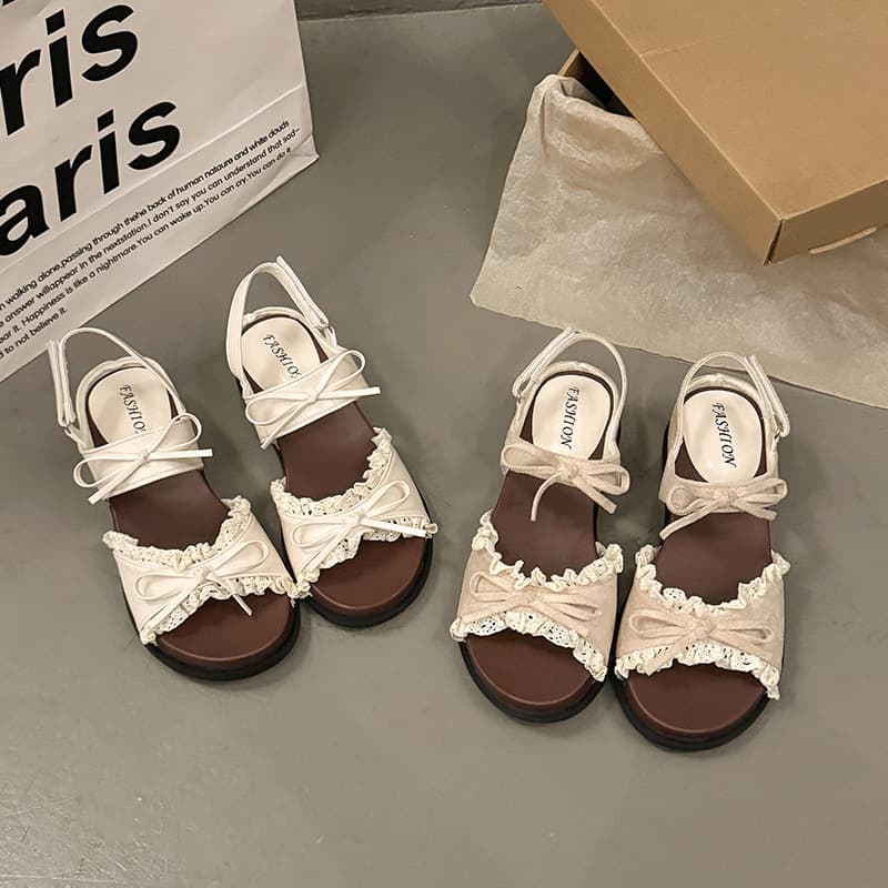 Thick Platform Wedge Lace Bow Sandals for Women Summer 2026 New Fairy Style for Dresses Beach Roman Sandals