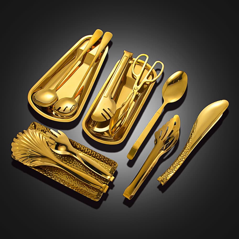 Cross-border Gold Stainless Steel Restaurant Hotel Buffet Serving Spoon Multi-purpose Food Tongs Utensil Holder Tray