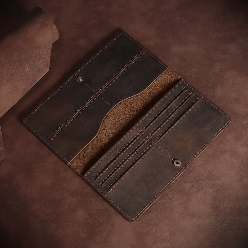 Vintage Crazy Horse Leather Long Wallet Men's Genuine Leather Tri-Fold Wallet Multifunctional Business Top-Layer Cowhide Clutch Bag for Men