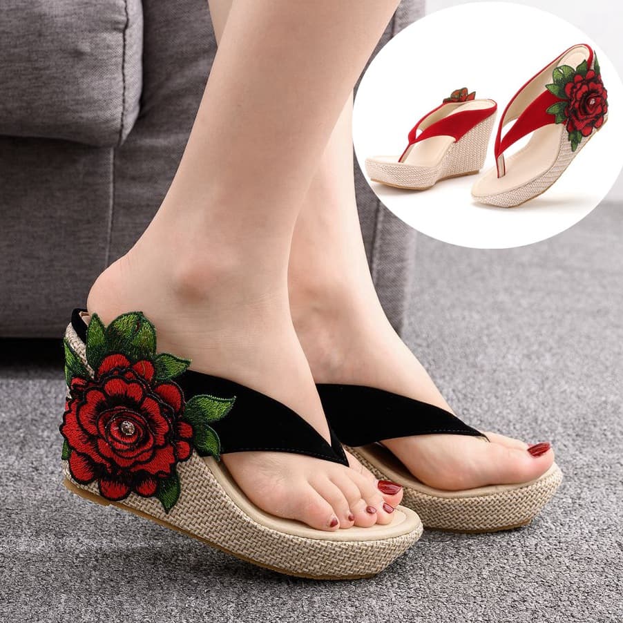 White Plus Size Wedge Heel Sandals, Beach Flip Flops, Bohemian Flower Sandals for Women, Export Plus Size Shoes