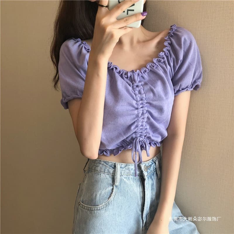 Summer 2025 New Versatile Cropped Top Women Design Sense Drawstring Short Sleeve Knit Top